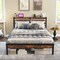 Rustic Brown Platform Bed Metal Frame with Charging Station and Storage Headboard